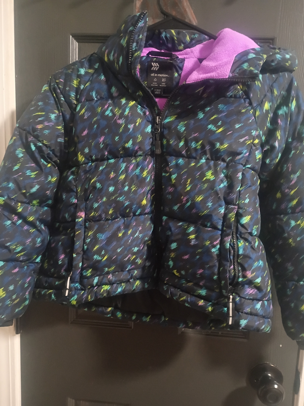 all in motion Black Puffer Jacket with Purple Lining and Multicolor Speckle